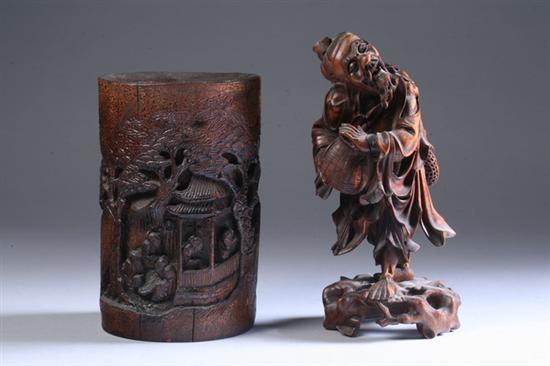 Appraisal: CHINESE WOOD FIGURE OF MAN Together with a bamboo brush