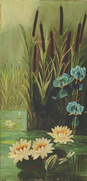 Appraisal: American School th c Cattails Lilies and Hyacinths oil on