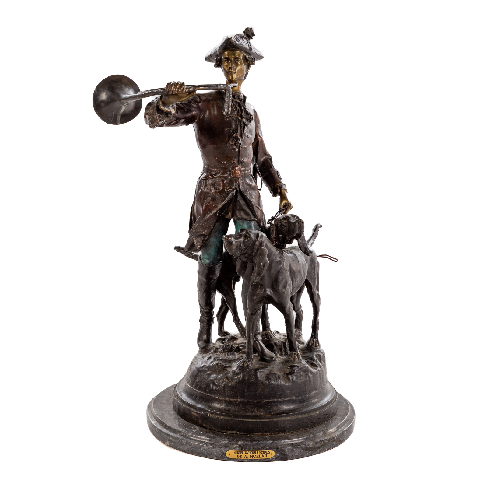 Appraisal: AFTER MOREAU HUNT MASTER HOUNDS BRONZE Mounted on circular marble