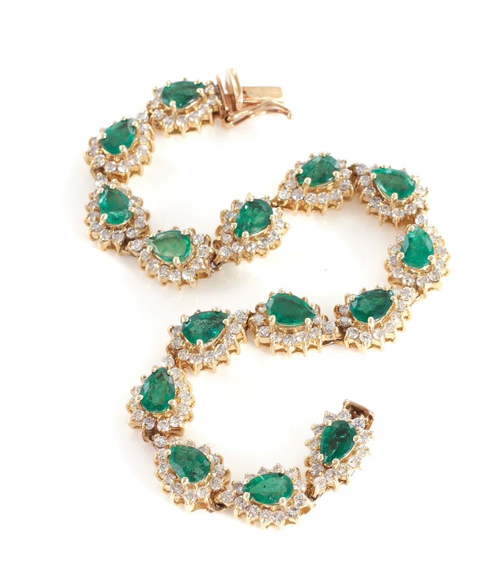 Appraisal: Emerald and diamond bracelet approx ctw pear-shape natural emeralds accented