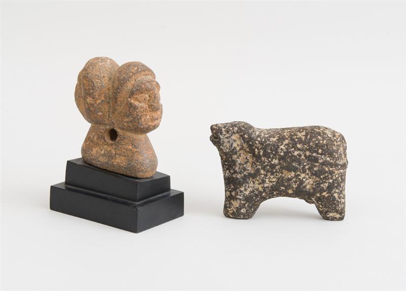 Appraisal: TWO PRIMITIVE CARVED STONE FIGURAL OBJECTS Comprising a model of