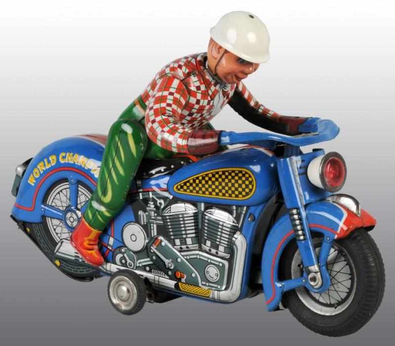 Appraisal: Tin World Champion Motorcycle Battery-Op Toy Description Japanese Working Made