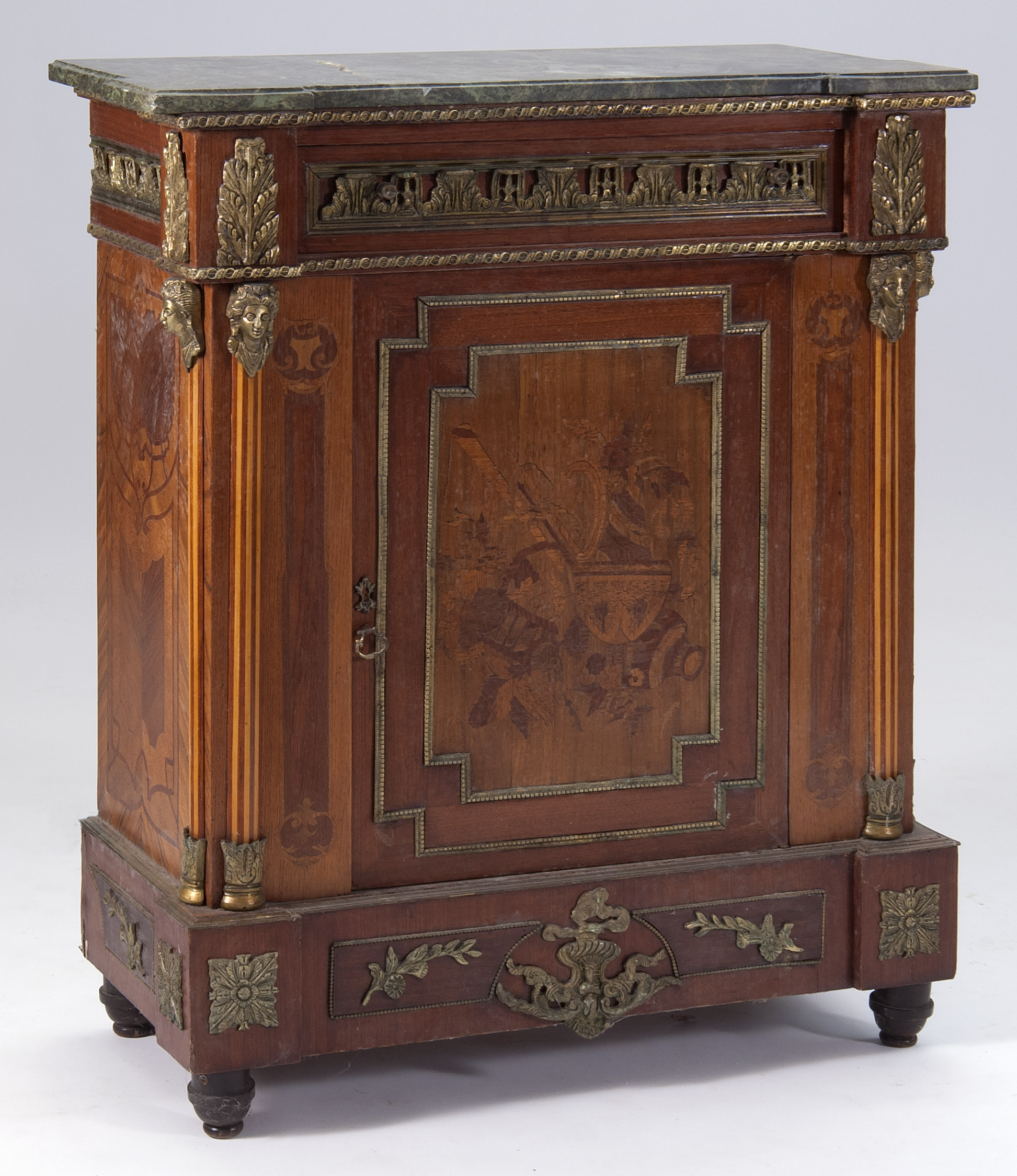 Appraisal: LOUIS XVI-STYLE MARBLE-TOP ORMOLU-MOUNTED MARQUETRY CABINET th CenturyThe verde top