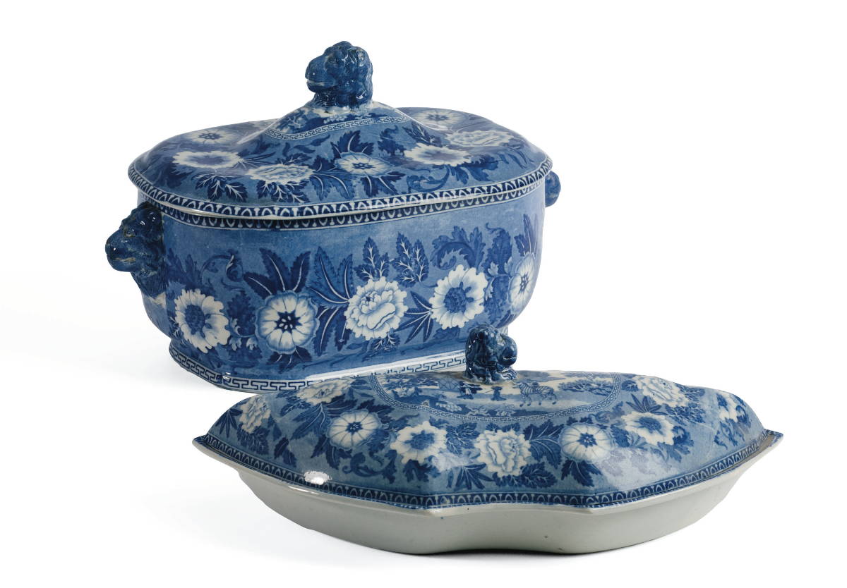 Appraisal: STAFFORDSHIRE 'ZEBRA' PATTERN BLUE TRANSFER-PRINTED SOUP TUREEN AND COVER AND