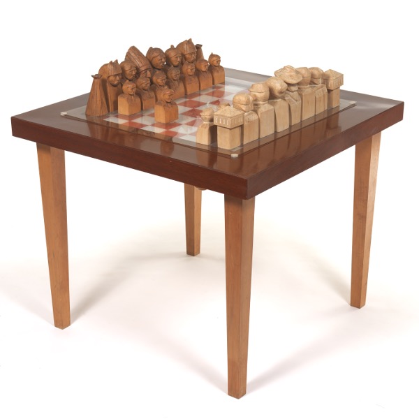 Appraisal: CHESS BOARD TABLE Chess board table with hand carved wood