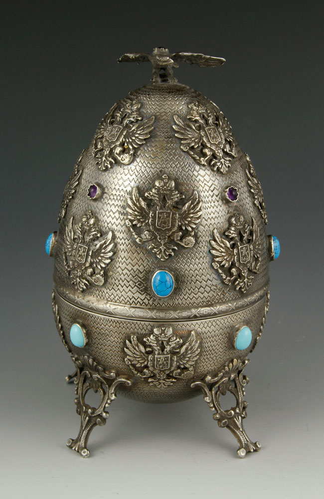 Appraisal: - Russian Silver Egg Russian silver egg with turquoise and