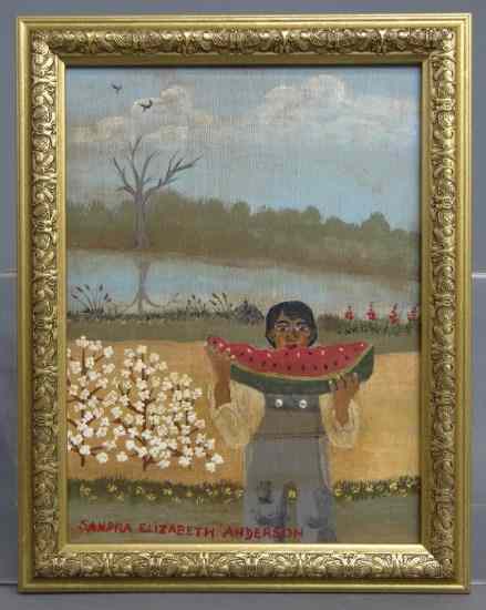 Appraisal: Painting oil on masonite child eating watermelon signed ''Sandra Elizabeth