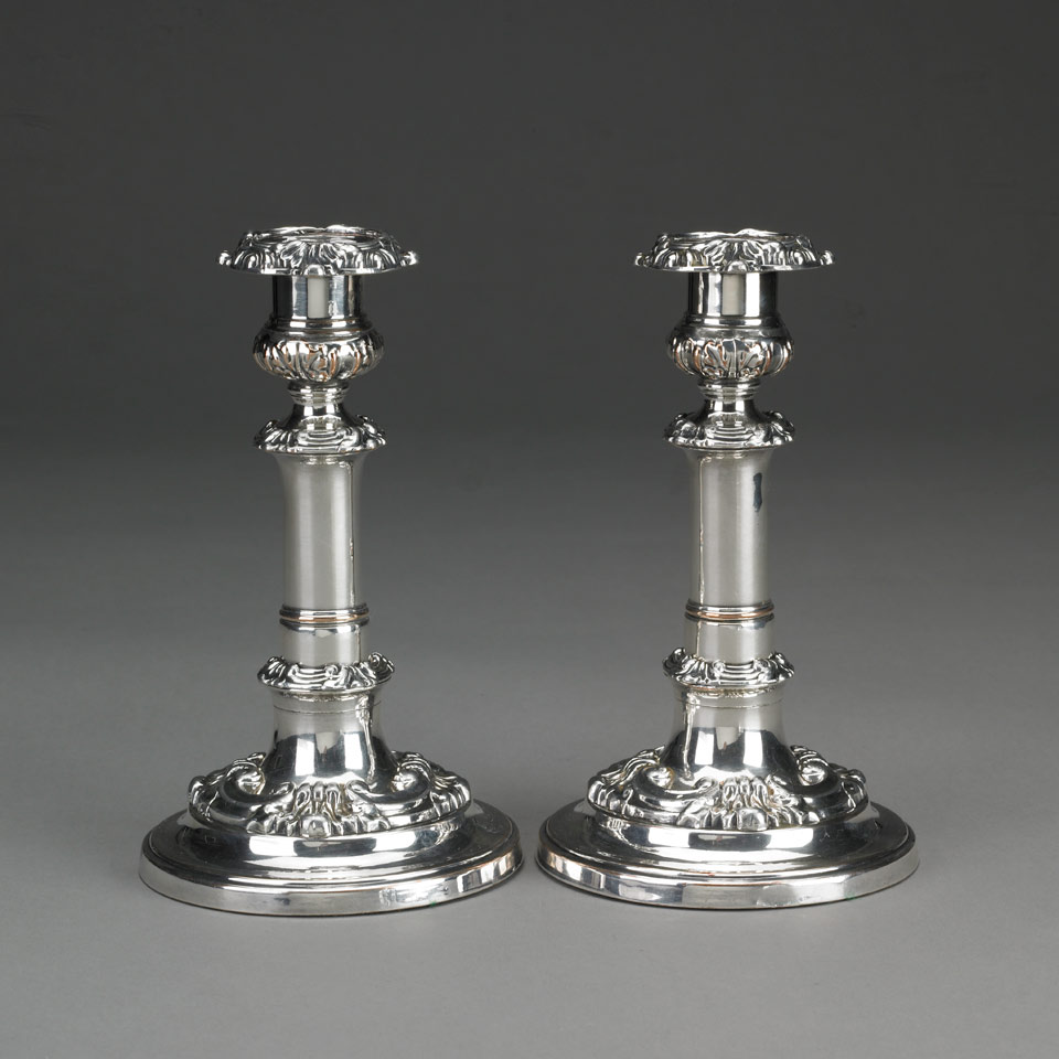 Appraisal: Pair of Sheffield Plated Telescopic Candlesticks c height cm height