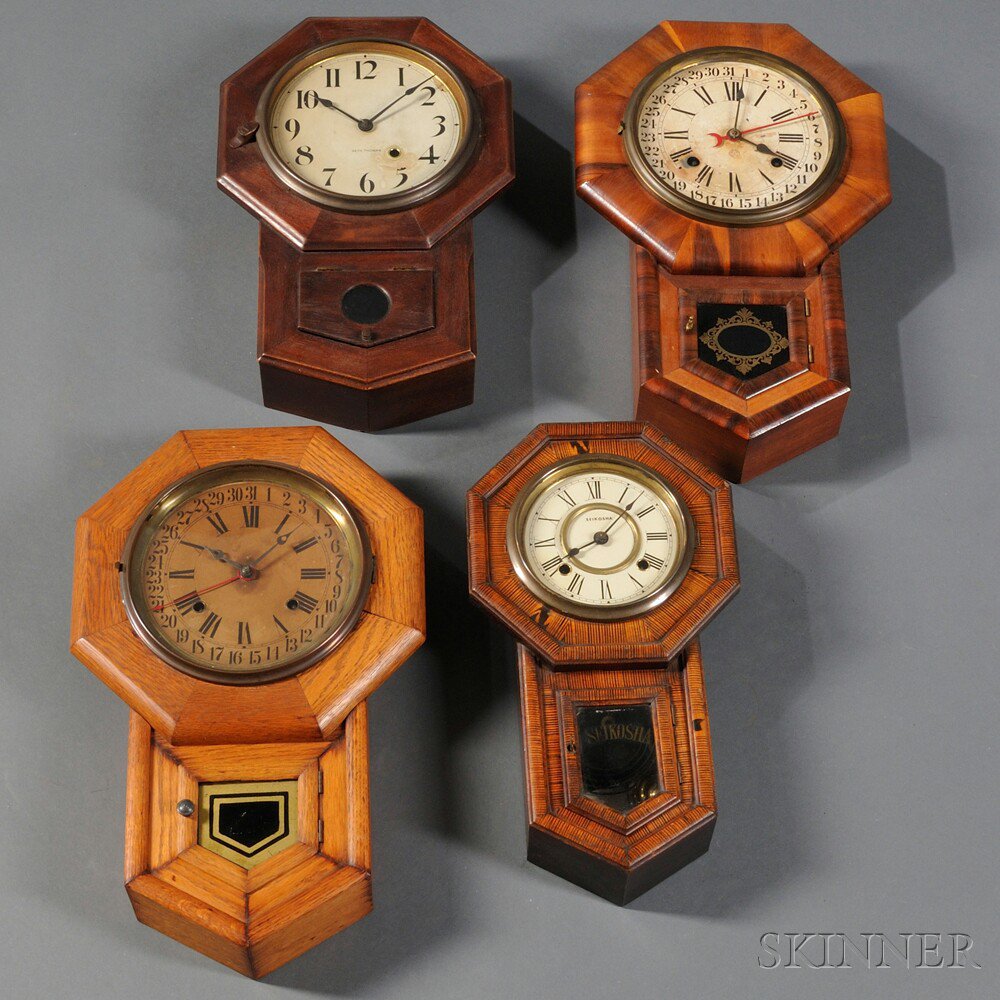 Appraisal: Four Small Drop Octagon Schoolhouse Clocks various makers two time