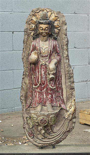 Appraisal: Chinese polychrome stone Guanyin fragment on stand x x overall