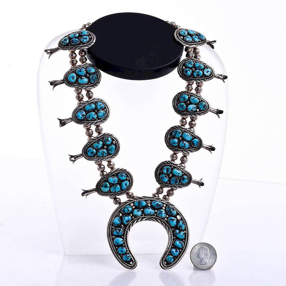 Appraisal: TURQUOISE SILVER SQUASH BLOSSOM CLUSTER NECKLACE Native American sterling silver