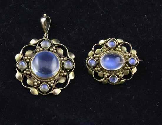 Appraisal: An Edwardian gold mounted moonstone drop pendant ins and a