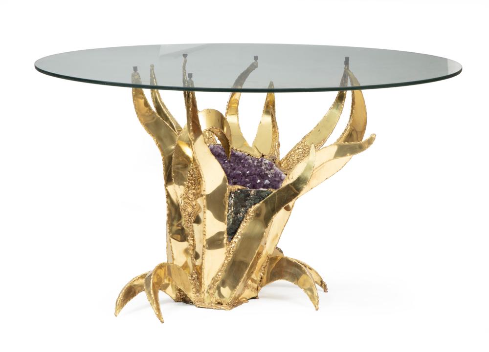 Appraisal: Continental Brass and Amethyst Geode Center Table manner of Jacques