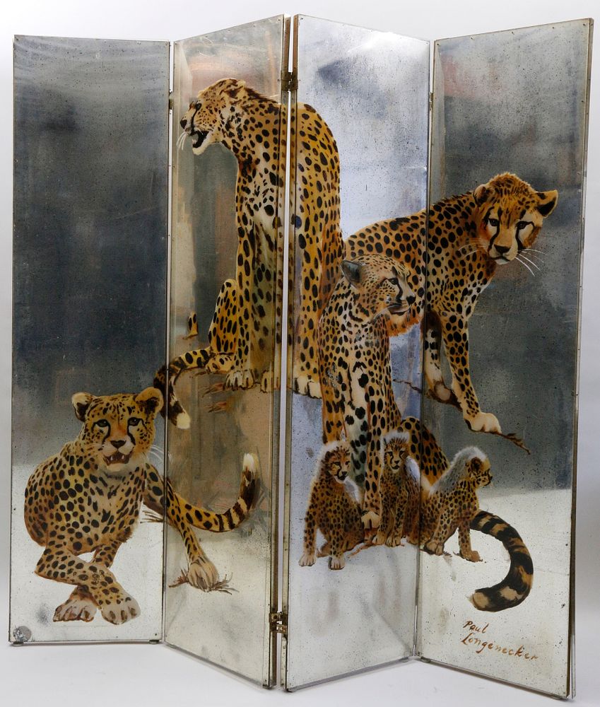 Appraisal: Paul Longnecker Painted -Panel Mirrored Screen Paul Longnecker Painted -Panel