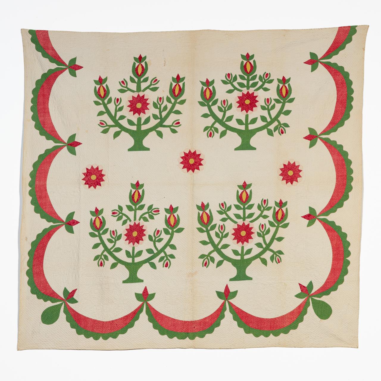 Appraisal: HAND QUILTED POMEGRANATE TREE APPLIQUE QUILT Finely hand quilted Spring