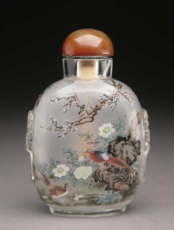 Appraisal: INSIDE PAINTED GLASS SNUFF BOTTLE Finely rendered inside painted glass