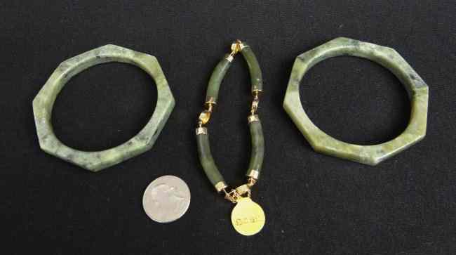 Appraisal: Lot jade bracelets one mounted in vermet silver