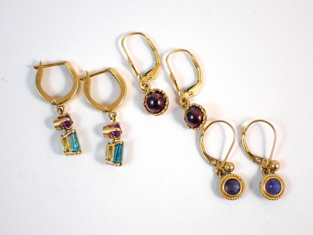 Appraisal: THREE PAIRS OF FOURTEEN KARAT GOLD DANGLE EARRINGS including a