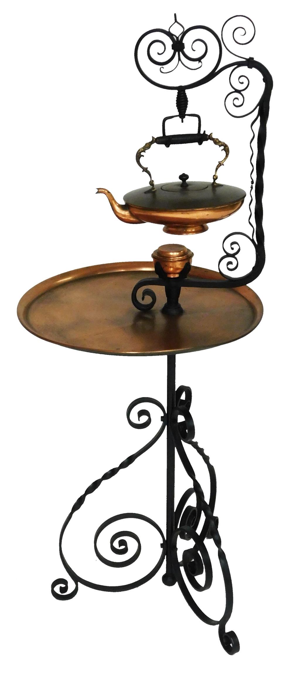 Appraisal: Teapot stand wrought iron floor stand copper and brass late