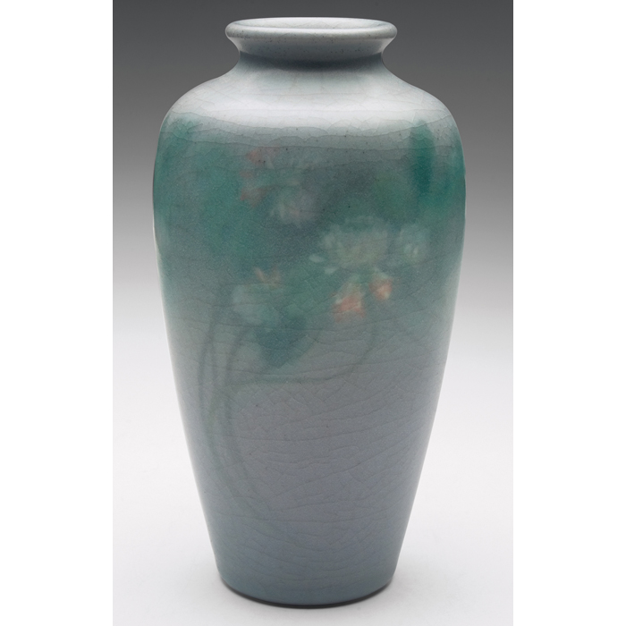 Appraisal: Rookwood vase shouldered shape in aVellum glaze with a painted