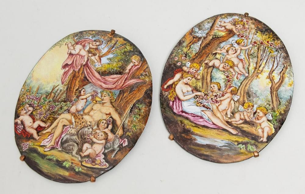 Appraisal: Renaissance-Style Enameled Copper Plaques Pair Italian Renaissance-style pair of small