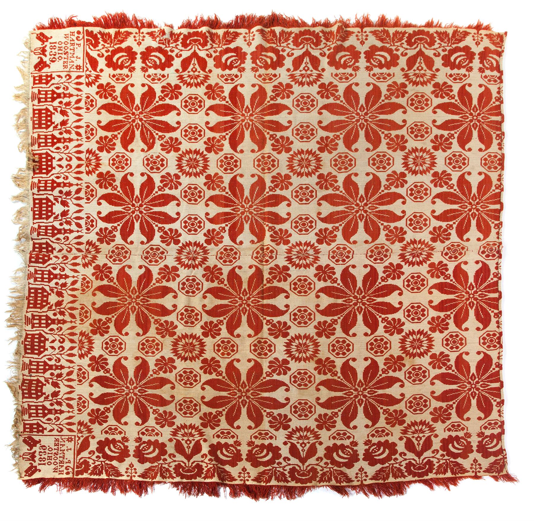 Appraisal: OHIO JACQUARD COVERLET Two-piece coverlet in red and natural Flowers