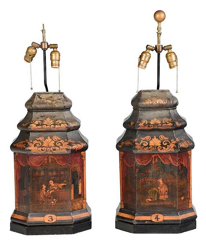 Appraisal: Pair of Tole Tea Canister Lamps British th th century