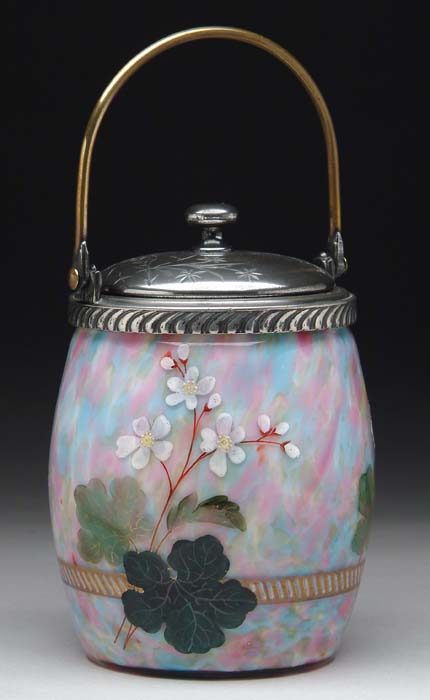 Appraisal: VICTORIAN ART GLASS BISCUIT JAR Rainbow spatter glass with enameled