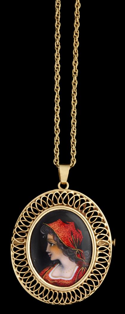 Appraisal: karat yellow gold Limoges style portrait pendantProfile of a female