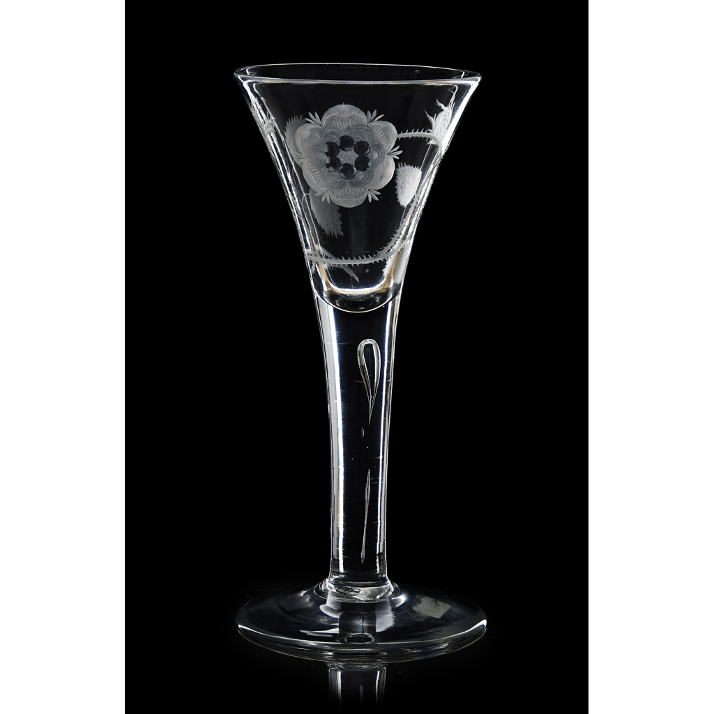 Appraisal: AN ENGRAVED JACOBITE WINE GLASS TH CENTURY the drawn trumpet