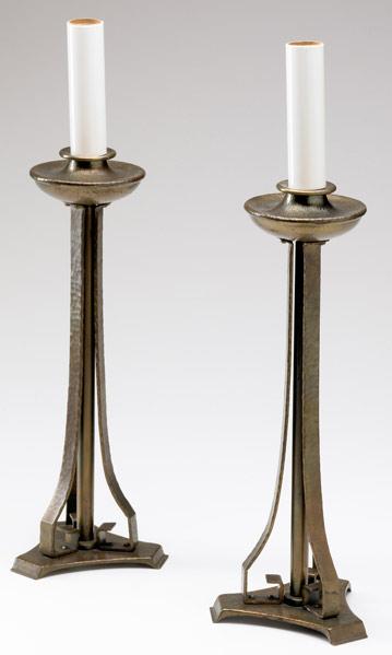 Appraisal: ROYCROFT Pair of rare brass-washed hammered copper candlesticks with factory