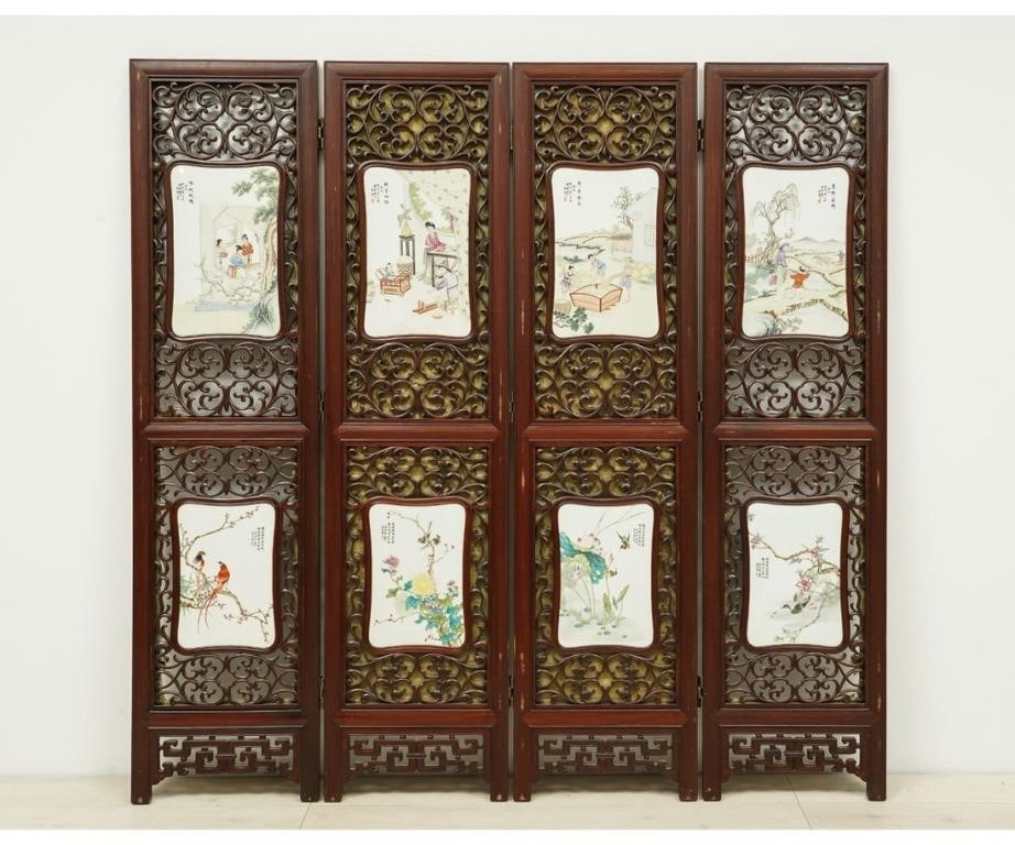 Appraisal: Chinese carved four-panel screen circa with decorative porcelain inserts Each