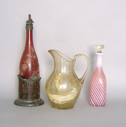 Appraisal: Etched ruby glass decanter h together with an enamel decorated