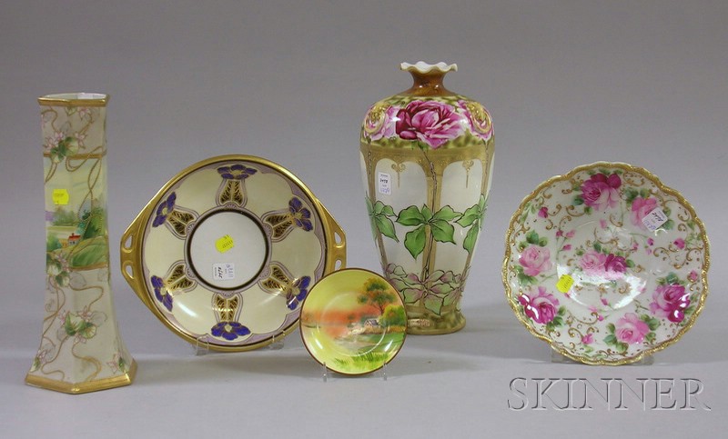 Appraisal: Five Nippon Hand-Painted Porcelain Items including a hexagonal vase a