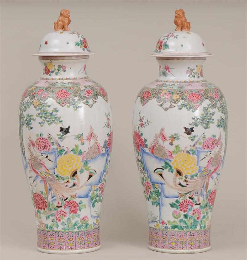 Appraisal: PAIR OF CHINESE FAMILLLE ROSE PORCELAIN BALUSTER-FORM JARS AND COVERS