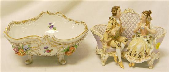 Appraisal: Dresden footed bowl with gilt accents and applied flowers reticulated