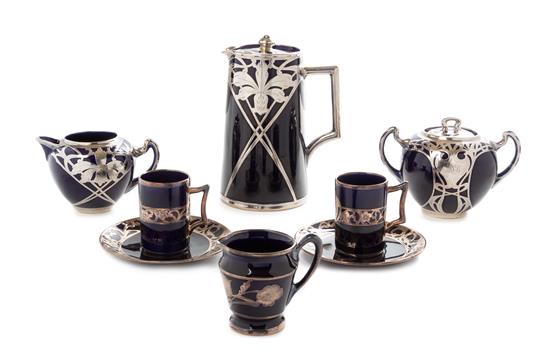 Appraisal: Sale Lot An Art Nouveau Assembled Silver Overlay Porcelain Tea