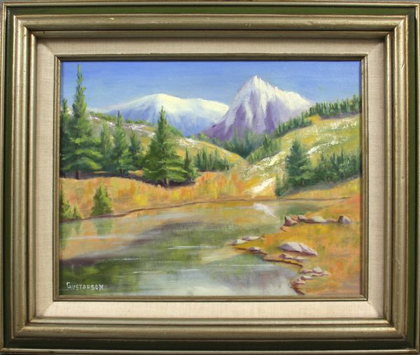 Appraisal: Signed Gustafson landscape of mountains oil on canvasboard signed LL