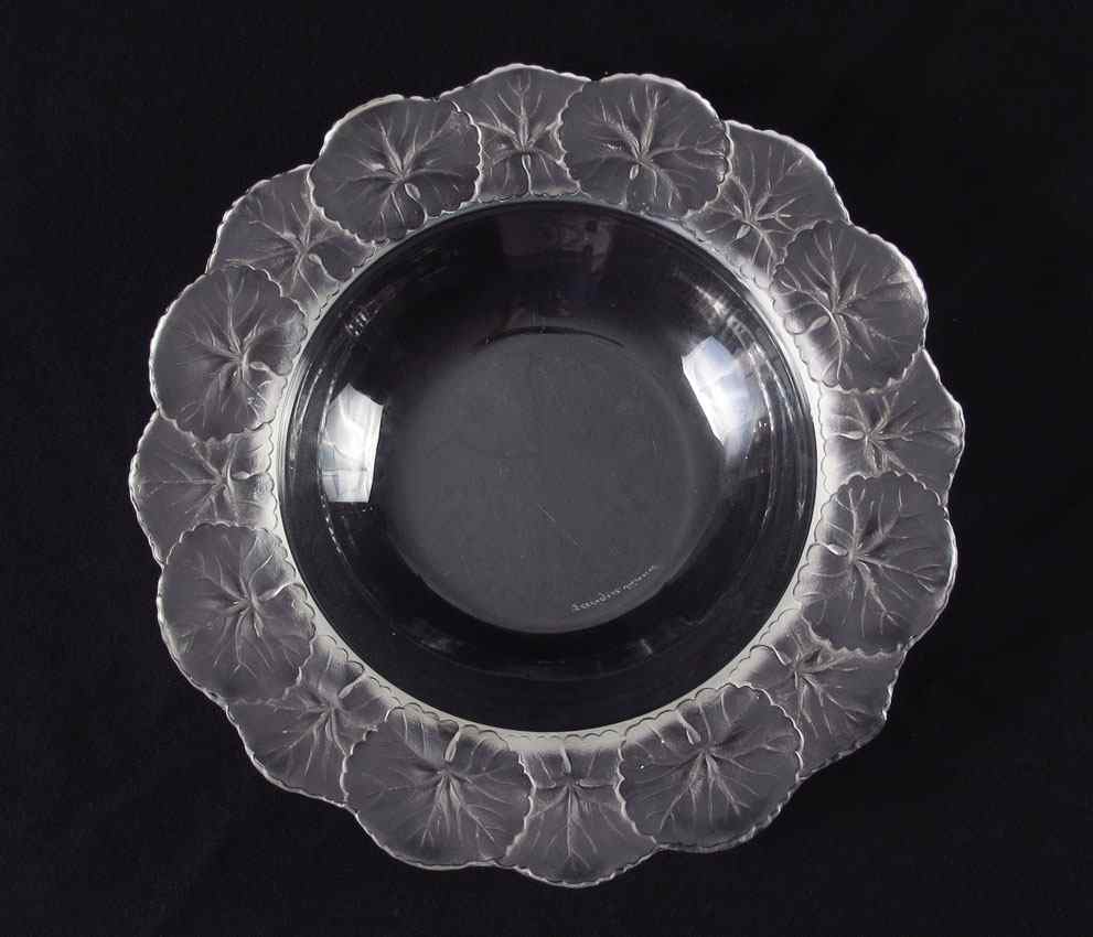 Appraisal: FRENCH LALIQUE CRYSTAL HONFLEUR BOWL Raised leaf border signed Lalique