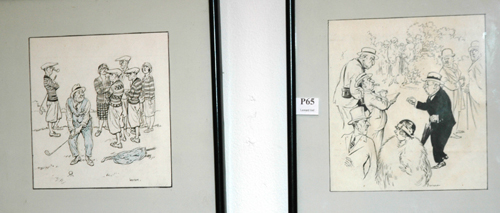 Appraisal: PERCY LEASON TWO SATIRICAL INK DRAWINGS