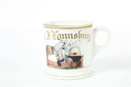 Appraisal: OCCUPATIONAL SHAVING MUG Polychrome on porcelain of a blacksmith shoeing