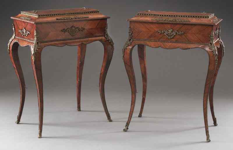 Appraisal: Pr Napoleon III style table jardinieres w covershaving matched veneer