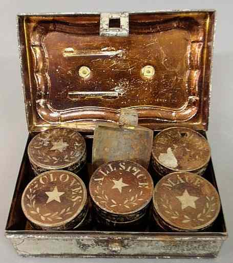 Appraisal: Tin spice box with brass handle and five spice canisters