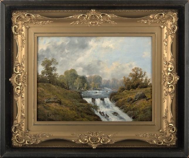 Appraisal: E Cole British th Century View of a Wooded River