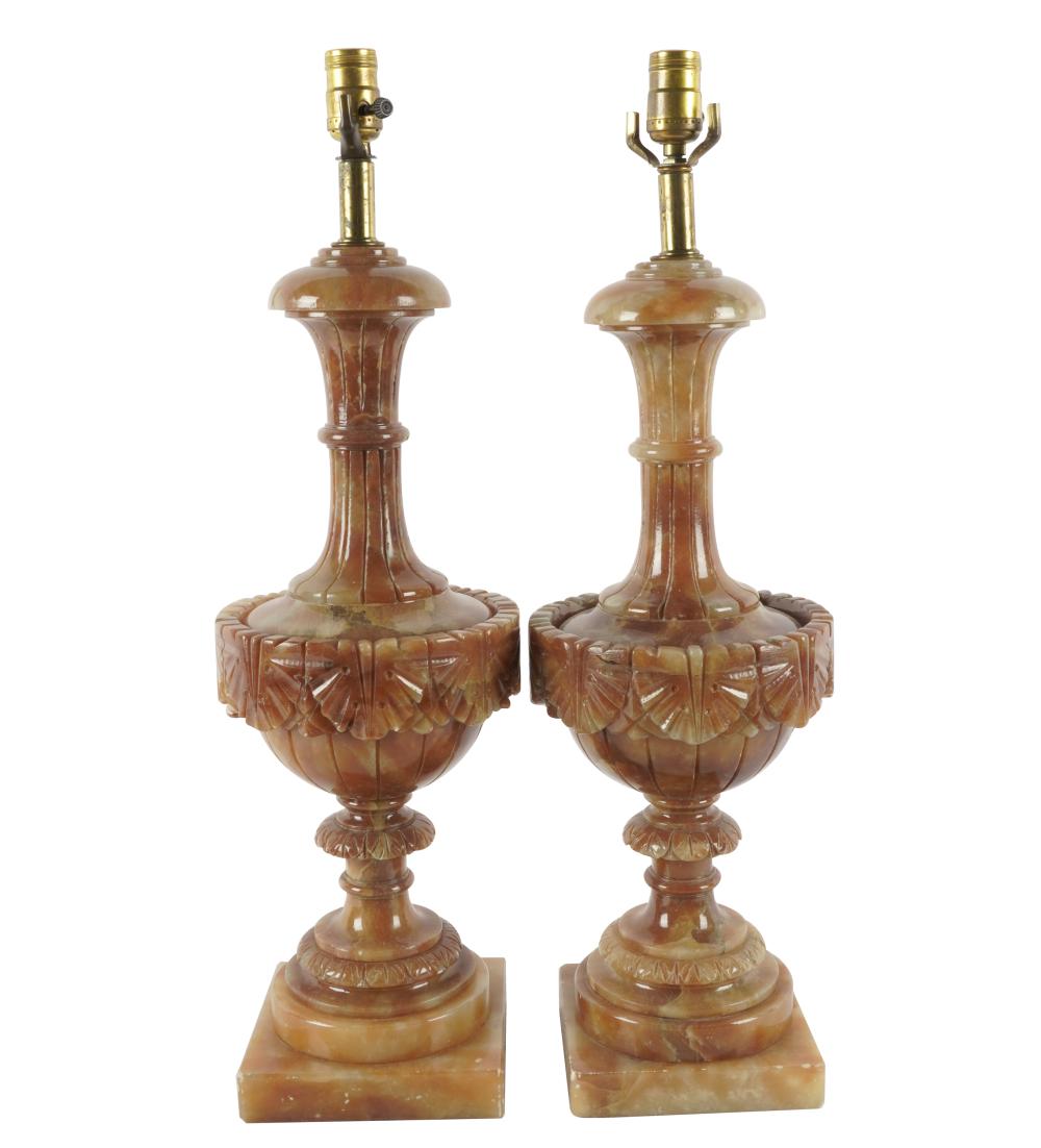 Appraisal: PAIR OF CARVED ONYX TABLE LAMPSeach with one socket no