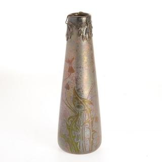 Appraisal: Loetz copper mounted iridescent glass vase Copper mounted iridescent vase