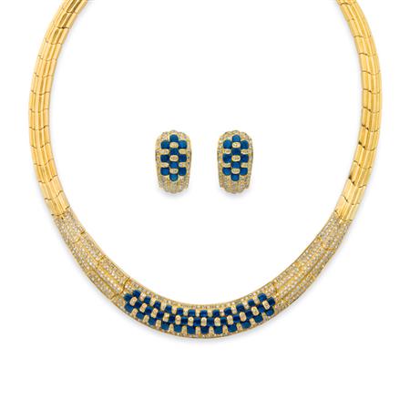 Appraisal: Gold Sapphire and Diamond Necklace and Pair of Half-Hoop Earrings