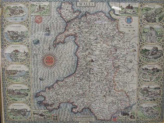 Appraisal: John Speed Hand coloured engraved map of Wales With sixteen