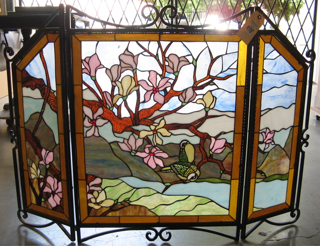 Appraisal: TRI-FOLD LEADED ART GLASS FIREPLACE SCREEN colorful triptych landscape with