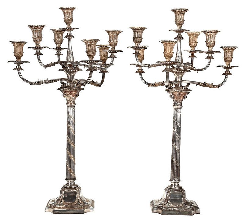 Appraisal: Pair of Silver Plate Candelabra Birmingham late th century Corinthian